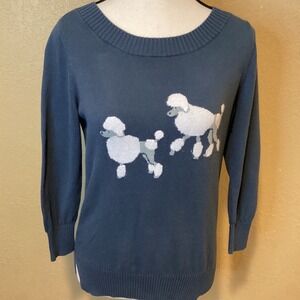 Loft Factory Slate Blue Crewneck Sweater, White‎ Poodle Embroidery, Size XS